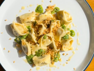 Mushroom ravioli, autumn pesto, crunchy sourdough crumb