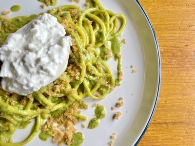 Bucatini with Basil pesto and burrata