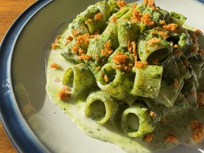 Mezze maniche with Basil pesto, Parmesan emulsion and sun dried tomato crumb